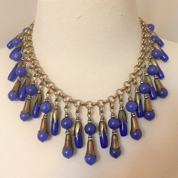 Vintage Antique Brass & Blue Glass & Rhinestone Dangle Necklace - Picture 6 of 9